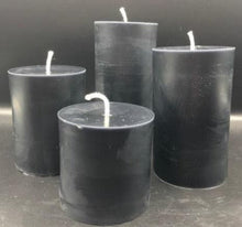 Load image into Gallery viewer, These beautiful Black Beeswax Pillar Candles make a striking addition to any centerpiece or mantle display.  They&#39;re also perfect for Halloween decorating.  These long burning candles will light up your space for many hours with their amazingly bright glow.    Available in 3 sizes:
