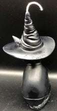 Load image into Gallery viewer, A beautiful addition to any Halloween display, this Black Cat Beeswax Candle sports a black witches hat with the triple moon on the front.  Back view.
