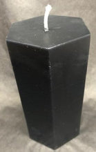 Load image into Gallery viewer, 6&quot; tall black hexagonal shaped pillar candle adds a unique twist to the typical pillar candle &amp; adds some character and originality to any home. These candles last many hours to alight your home with a beautiful, relaxing glow. Great as a housewarming gift, wedding gift, or for use in meditation or worship.
