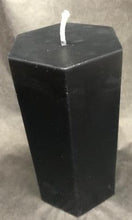 Load image into Gallery viewer, 6&quot; tall black hexagonal shaped pillar candle adds a unique twist to the typical pillar candle &amp; adds some character and originality to any home. These candles last many hours to alight your home with a beautiful, relaxing glow. Great as a housewarming gift, wedding gift, or for use in meditation or worship.
