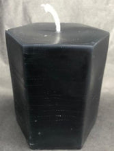 Load image into Gallery viewer, 3&quot; tall, hexagonal shaped, black beeswax pillar candle adds a unique twist to the typical pillar candle &amp; adds some character and originality to any home. These candles last many hours to alight your home with a beautiful, relaxing glow. Great as a housewarming gift, wedding gift, or for use in meditation or worship.
