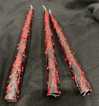 Load image into Gallery viewer, Add that extra bit of creepy to your Halloween decor with these 10&quot; Bloody Black Taper Beeswax Candles.  Drops &amp; smears of blood decorate the outside of these incredible tapers.  Perfect for your Halloween party!
