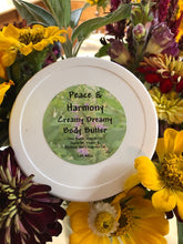 Load image into Gallery viewer, Creamy Peace &amp; Harmony scent (Patchouli essential oil blend) body butter moisturizes your skin and seals in the moisture with a bit of beeswax and shea butter. Handmade in the USA.
