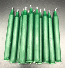 Load image into Gallery viewer, Set of 12 Chime Beeswax Candles.  These are the perfect candle to bring attention and intention to the moment.  Packaged in bags of 12.  Kept out of drafts and away from fans, these mini tapers will burn virtually dripless for roughly two hours.  Perfect for meditation, prayer candles, ritual candles or alter candles.  Available in Natural (gold) beeswax, cream, purple, pink, red, blue, green, orange, brown or black.  Shown in green
