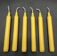 Load image into Gallery viewer, Set of 12 Chime Beeswax Candles.  These are the perfect candle to bring attention and intention to the moment.  Packaged in bags of 12.  Kept out of drafts and away from fans, these mini tapers will burn virtually dripless for roughly two hours.  Perfect for meditation, prayer candles, ritual candles or alter candles.  Available in Natural (gold) beeswax, cream, purple, pink, red, blue, green, orange, brown or black.
