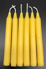 Load image into Gallery viewer, Set of 12 Chime Beeswax Candles.  These are the perfect candle to bring attention and intention to the moment.  Packaged in bags of 12.  Kept out of drafts and away from fans, these mini tapers will burn virtually dripless for roughly two hours.  Perfect for meditation, prayer candles, ritual candles or alter candles.  Available in Natural (gold) beeswax, cream, purple, pink, red, blue, green, orange, brown or black.
