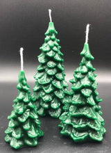 Load image into Gallery viewer, Christmas comes but once a year, so get these soon, the holidays are near! Available are three spruce Christmas tree beeswax candles that make the perfect Christmas decor / holiday decor. These homemade candles (a completely natural candle) add a great warm, cozy, bright glow to your home or office this holiday season. Great as gifts or as an addition to your holiday or cabin decorations.
