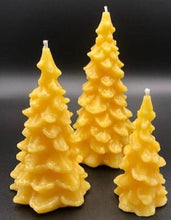 Load image into Gallery viewer, Christmas tree shaped beeswax candles available in three sizes. All natural. Handmade in the USA.
