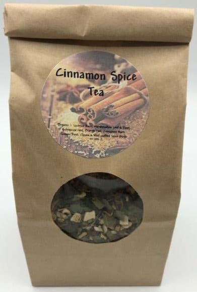 Cinnamon Spice Soothing Herbal Tea, shown in bag.