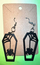 Load image into Gallery viewer, Add a bit of Halloween flare to any outfit with these Coffin Earrings!  Available with Bats or a Spider coming out of his web.  The perfect way to welcome in the Halloween season.  Also makes a fantastic gift.
