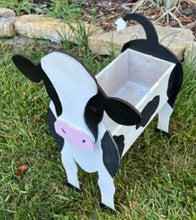 Load image into Gallery viewer, Let this adorable Cow Planter help welcome guests to your home.  Custom dog tags with your dogs name also available (please message us - adds $5 to cost of planter box).  Great gift for the dog lovers in your life!
