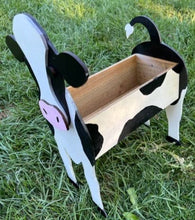 Load image into Gallery viewer, Let this adorable Cow Planter help welcome guests to your home.  Custom dog tags with your dogs name also available (please message us - adds $5 to cost of planter box).  Great gift for the dog lovers in your life!
