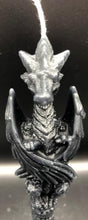 Load image into Gallery viewer, Amazingly detailed Dragon Pillar Beeswax Candle.  **** Currently only available in black - other colors to be listed soon or email us with color preference **** This beautiful dragon wrapped around the taper, wings folded awaiting its prey.  Just like the majestic dragons from Game of Thrones, these ancient, legendary creatures will guard over your castle with their fearsome &amp; protective serpentine nature.   Head view.
