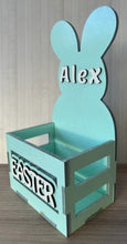 Load image into Gallery viewer, Adorable Wood Crate Easter Basket with your child’s name on the top.  Make this Easter extra special with personalized Easter baskets for your little ones.  Available in blue, pink, green, yellow or purple.  
