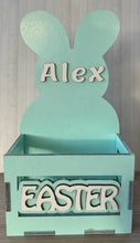 Load image into Gallery viewer, Adorable Wood Crate Easter Basket with your child’s name on the top.  Make this Easter extra special with personalized Easter baskets for your little ones.  Available in blue, pink, green, yellow or purple.  
