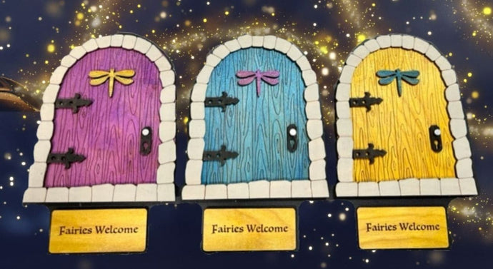 Welcome magic into your life with these whimsical fairy doors!  The doors shimmer, have a Fairies Welcome door mat & have a dragonfly door hanger on them.  Perfect for fairy gardens or to add a bit of whimsey to any room.  