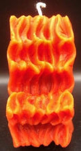 Load image into Gallery viewer, Get ready for the leaves changing colors &amp; crisp fall days with this beautiful Fall Leaves Beeswax Candle.  Adds a beautiful touch to centerpieces, Thanksgiving decor or Halloween decor.  Available in orange, burgundy or yellow with a sparkly center.  Side view.
