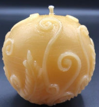 Load image into Gallery viewer, Adorable all natural beeswax ball candle with fern leaves and fiddleheads adorning the sides. Handmade in the USA.
