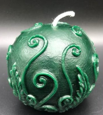 Elegant fern fronds & vines twist and curl to adorn this beautiful ball candle. An impressive option to use as a housewarming gift, birthday gift, anniversary gift, godmother gift, for Mother's Day gift, Christmas gift or as a thank you gift.  Relax and unwind while enjoying the ambiance and subtle sweet aroma of this gorgeous fern beeswax ball candle.  Green shown.