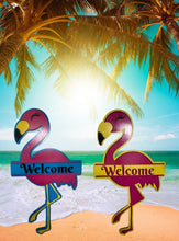 Load image into Gallery viewer, Welcome everyone to your home with summer with this whimsical flamingo door hanger!  This adorable flamingo will add that special touch of summer to your entryway.  Available with a ocean blue background or a yellow overlay.
