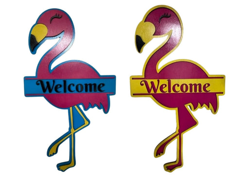 Welcome everyone to your home with summer with this whimsical flamingo door hanger!  This adorable flamingo will add that special touch of summer to your entryway.  Available with a ocean blue background or a yellow overlay.