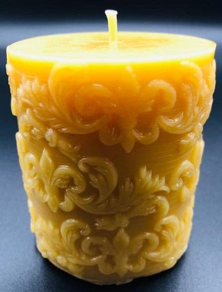 Fleur de Lis design adorns this all natural beeswax pillar candle. Handmade in the USA.
