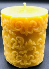 Load image into Gallery viewer, Fleur de Lis design adorns this all natural beeswax pillar candle. Handmade in the USA.
