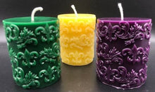 Load image into Gallery viewer, Fleur de Lis design adorns this all natural beeswax pillar candle. Handmade in the USA.
