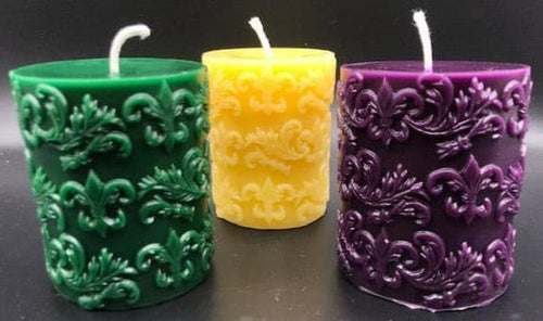Fleur de Lis design adorns this all natural beeswax pillar candle. Handmade in the USA.