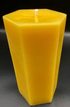 Load image into Gallery viewer, All natural beeswax hexagon shaped pillar candle. Handmade in the USA.

