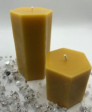 Load image into Gallery viewer, 6&quot; Hexagon Beeswax Pillar Candle shown with 3&quot; Hexagon Beeswax Pillar Candle
