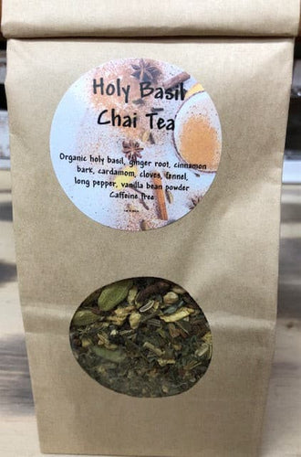 Soothing Holy Basil blended with traditional chai tea spices creates a warming & sweet, earthy tea perfect for cold winter nights.  