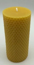 Load image into Gallery viewer, Honey comb design adorns this all natural beeswax pillar candle. Handmade in the USA.  Classic honeycomb pattern 100% pure beeswax pillar candle goes perfect anywhere! The gorgeous golden hexagonal outer-crust of the candle illuminates beautifully against the flame inside the candle. This candle is a unique and thoughtful idea for a housewarming gift, or that perfect gift for the nature lover, eco-friendly conscious person in your life, or even yourself! :)
