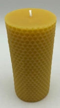 Load image into Gallery viewer, Honey comb design adorns this all natural beeswax pillar candle. Handmade in the USA.  Classic honeycomb pattern 100% pure beeswax pillar candle goes perfect anywhere! The gorgeous golden hexagonal outer-crust of the candle illuminates beautifully against the flame inside the candle. This candle is a unique and thoughtful idea for a housewarming gift, or that perfect gift for the nature lover, eco-friendly conscious person in your life, or even yourself! :)
