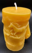 Load image into Gallery viewer, Horse design surrounds this all natural beeswax candle. Horse head on the front and wild horses running on the back side of the candle. Handmade in the USA.

