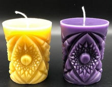 Load image into Gallery viewer, Kaleidoscope design adorns the sides of this pillar type all natural beeswax candle. Handmade in the USA.
