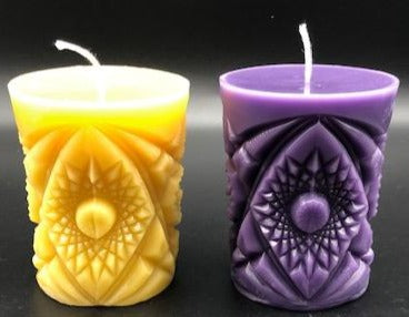 Kaleidoscope design adorns the sides of this pillar type all natural beeswax candle. Handmade in the USA.