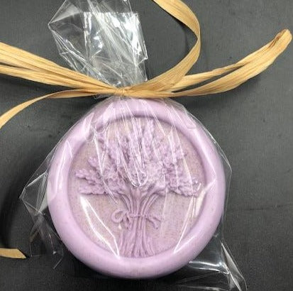 Lavender Bouquet image on round bar of our Lavender Oatmeal Soap