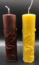 Load image into Gallery viewer, Moose nature scene beeswax candle with mountains, leaves, birds, a stream and the wilderness in the background.
