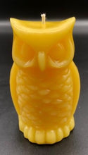 Load image into Gallery viewer, owl shaped, all natural beeswax candle. Handmade in the USA.  This adorable owl  beeswax candle will be a hoot wherever you decide to place it. With a light honey scent and a warm glow, this owl candle makes a great wedding souvenir, wedding gift, baby shower gift and party favors.  If you have any special animal lover, bird watcher or owl lover in your life, this will be sure to thrill them :)  Owl beeswax candles are sure to be a hoot at your next party, special moment, holiday or rustic table setting. 
