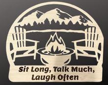 Load image into Gallery viewer, It&#39;s time to gather friends and loved ones together &amp; enjoy some fireside patio time!  This adorable sign will is the perfect decor for your patio reminding everyone to Sit Long, Talk Much &amp; Laugh Often! 
