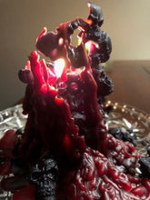 Load image into Gallery viewer, Creepy bleeding skull candle leaks red bloody colored wax as it burns.  Piles of skulls and bone images make up this pillar-like candle.  This custom made cryptic, gothic candle is great for Halloween decorations, gifts for skull loving friends, gothic decor, fall decor or just scary decor.  
