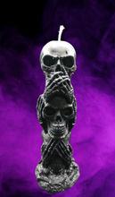 Load image into Gallery viewer, See No Evil, Hear No Evil, Speak No Evil Beeswax Skull Totum. Tower of 3 skulls.
