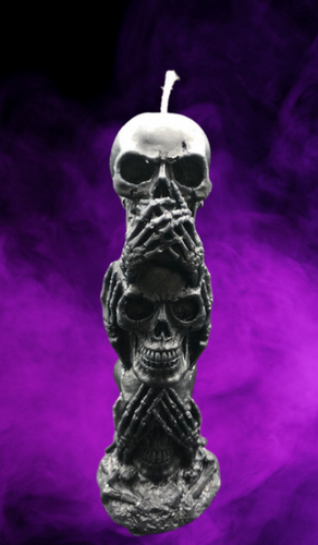 See No Evil, Hear No Evil, Speak No Evil Beeswax Skull Totum. Tower of 3 skulls.