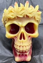 Load image into Gallery viewer, This creepy skull with leaf crown beeswax candle is sure to be a hit with your goth or Halloween loving friends.  Adds the perfect touch to Halloween decor.  This cryptic, gothic candle is great for Halloween decorations, gifts for skull loving friends, gothic decor, fall decor or just scary decor.  
