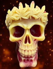 Load image into Gallery viewer, This creepy skull with leaf crown beeswax candle is sure to be a hit with your goth or Halloween loving friends.  Adds the perfect touch to Halloween decor.  This cryptic, gothic candle is great for Halloween decorations, gifts for skull loving friends, gothic decor, fall decor or just scary decor. 
