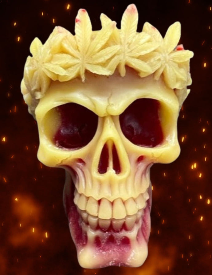 This creepy skull with leaf crown beeswax candle is sure to be a hit with your goth or Halloween loving friends.  Adds the perfect touch to Halloween decor.  This cryptic, gothic candle is great for Halloween decorations, gifts for skull loving friends, gothic decor, fall decor or just scary decor. 