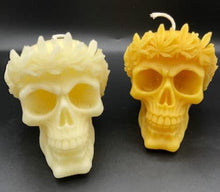 Load image into Gallery viewer, Cream colored &amp; Natural pure beeswax Skull Candle with Leaf Crown.
