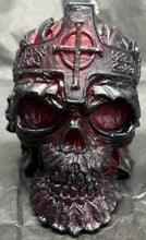 Load image into Gallery viewer, This creepy skull with cross crown beeswax candle is sure to be a hit with your goth or Halloween loving friends.  Adds the perfect touch to Halloween decor.  This cryptic, gothic candle is great for Halloween decorations, gifts for skull loving friends, gothic decor, fall decor or just scary decor.  
