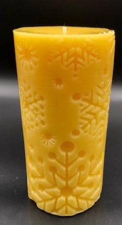 Beautiful Snowflake designs glow when you light this amazing Snowflake Beeswax Pillar Candle.  Also available in a 3